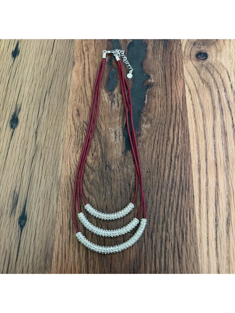 ANN TAYLOR LOFT 18" Choker Necklace 3 Strand Maroon  Silver Tone Shimmery Tubes